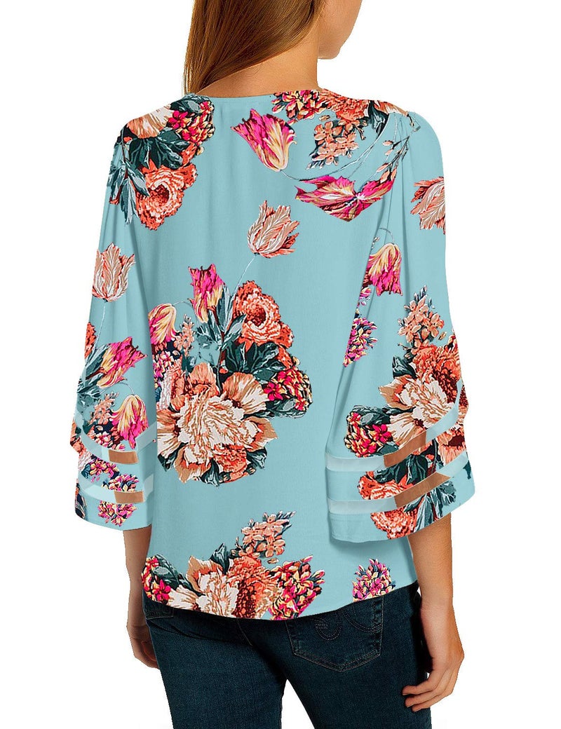 LookbookStore Women Blue Floral Print Tops for Women V Neck Casual Mesh Panel Blouse 3/4 Bell Sleeve Loose Top Shirt Size XL(US 16-18) - Image 2